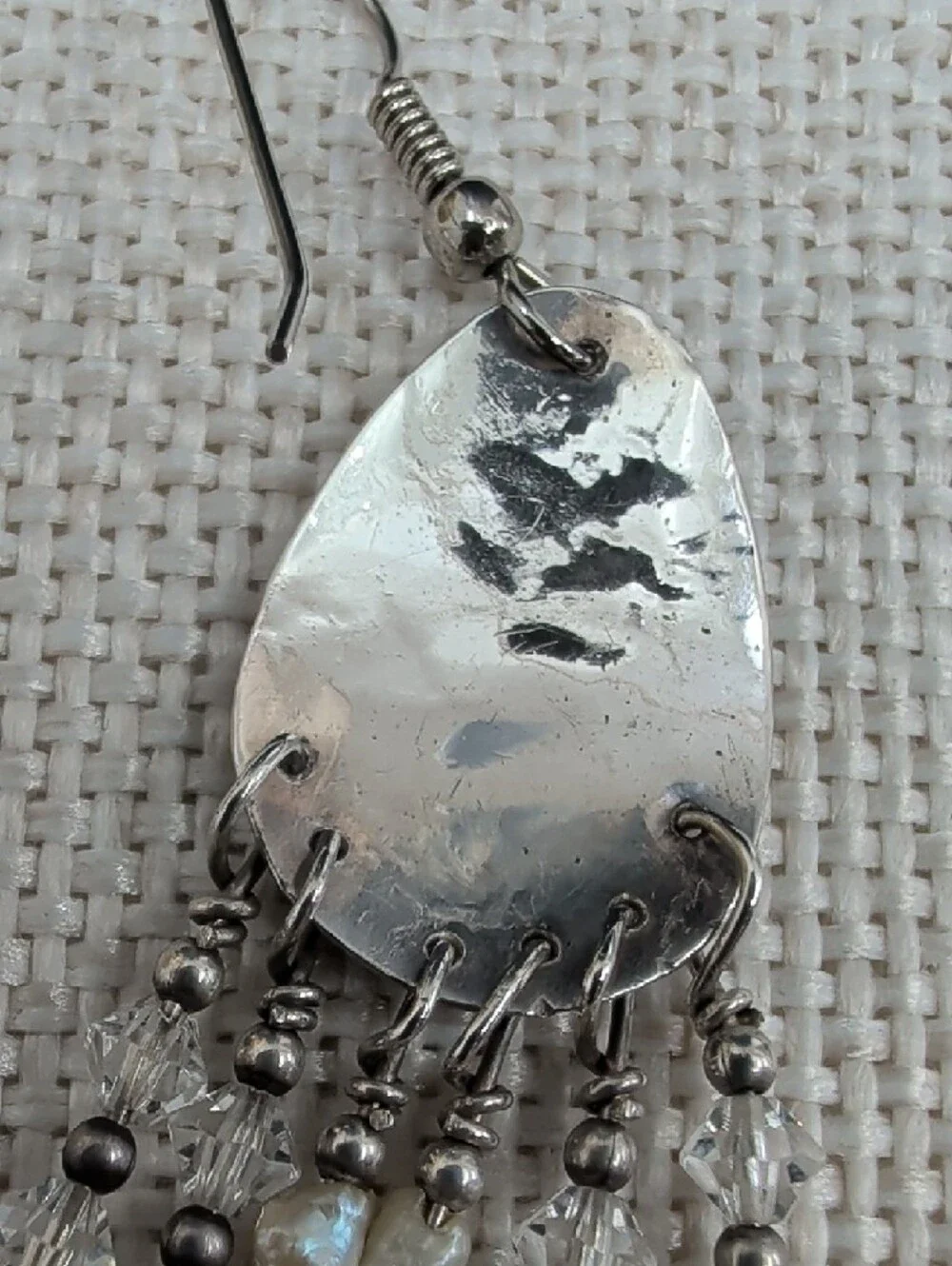 Vintage Artisan Hammered Silver Chandelier Earrings Crystal Bead Fringe 2.5